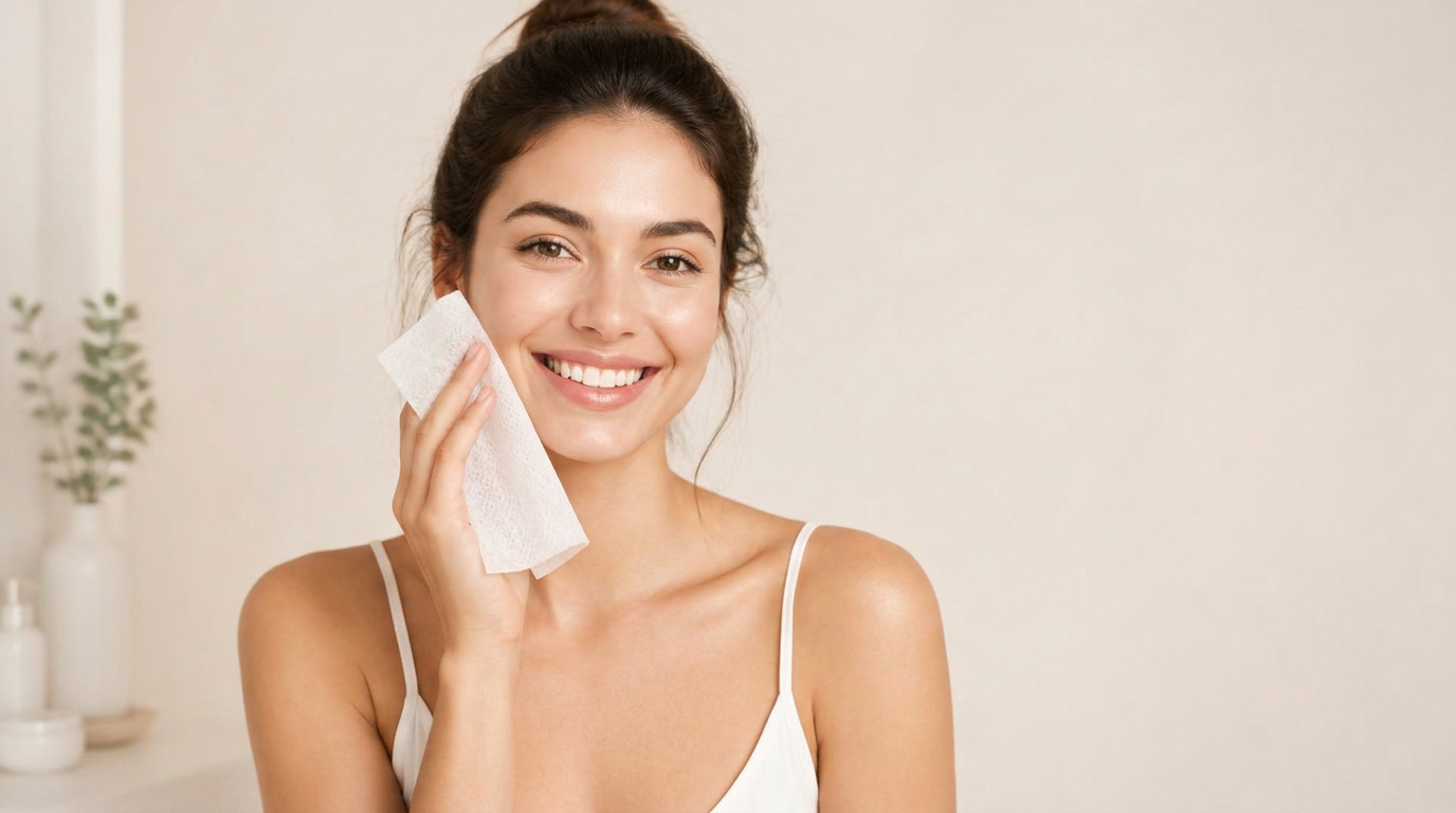 Woman gently drying her face with a single-use JOUR & NUIT face towel